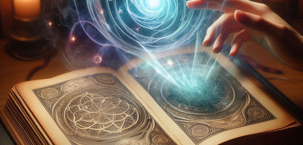 a magical book producing ethereal images a magical book producing ethereal images